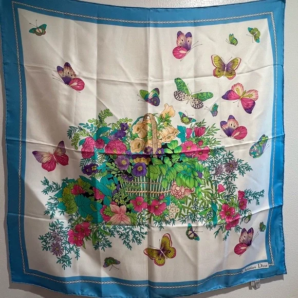 Dior Silk Scarf with Pink and Green Butterfly Design - Picture 3 of 14